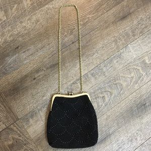 Vintage Black Beaded Purse With Gold Chain Strap